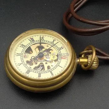 

Mini All Copper Hollow Roman Number Dial Hand Wind Mechanical Pocket Watch With Leather Chain Nice Gift Wholesale Price H037