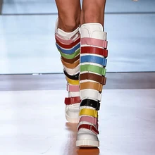 Сапоги женские натуральная кожа до колена с цветочным рисунком ручная работа модные сапоги с заклепками высокие сапоги на платформе с пряжкой и шнуровкой женские сапоги из натуральной кожи