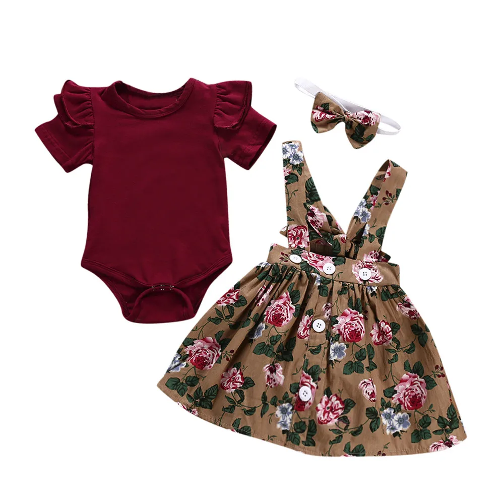  CHAMSGEND 3Pcs Baby Toddler Girls Kids Cotton blend Overalls Skirt +Headband+Romper Cute Clothes Ou