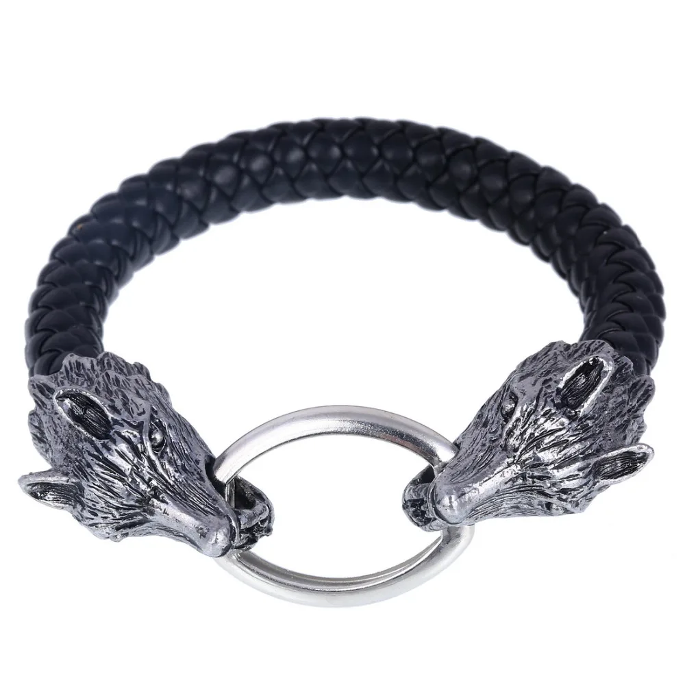 

2019 New Cool 100% Genuine Leather Male Bracelet Stainless Steel Wolf Cuff Bangle Black Bracelet pulseras hombre Jewelry