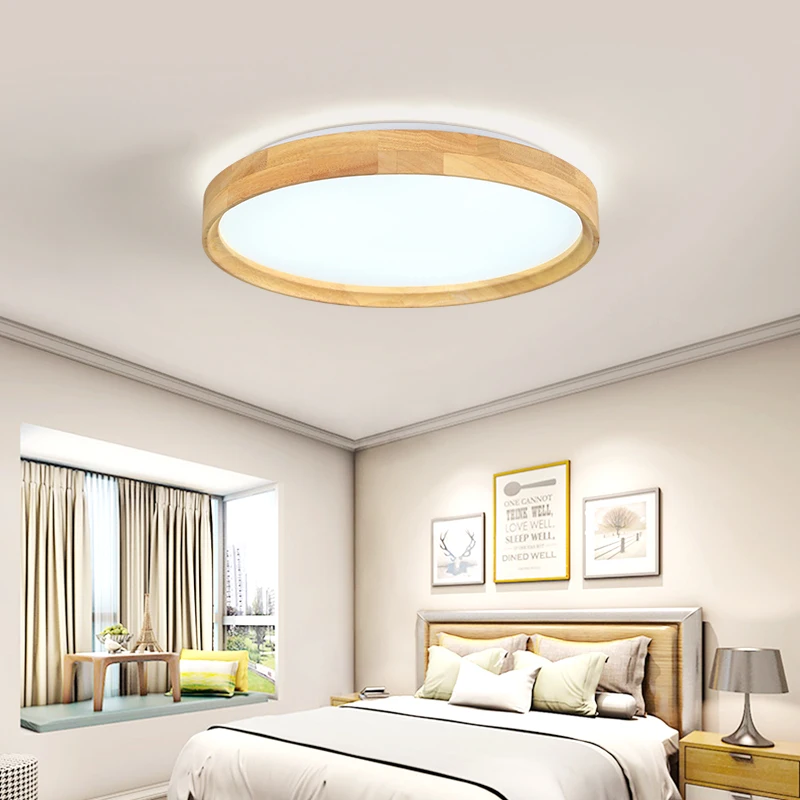 

48W LED Modern Ceiling Light Round Wooden Ceiling Light Fixture Remote Control Indoor Bedroom Surface Mounted Decor Lighting
