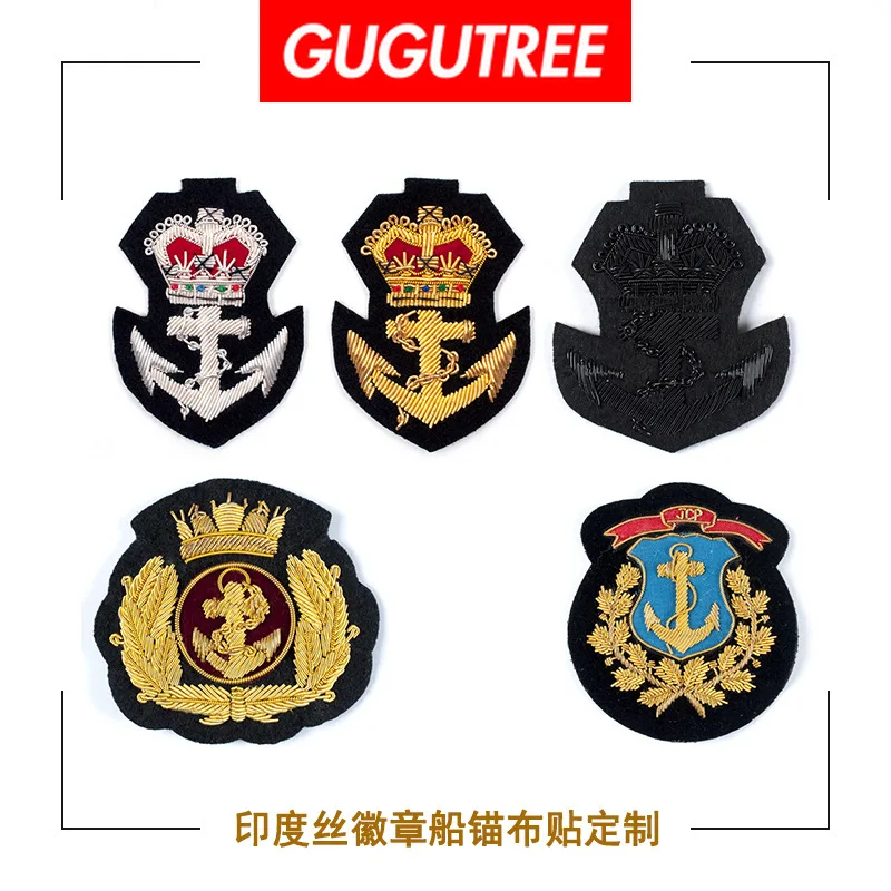 

GUGUTREE India silk embroidery ear of rice crown anchor rank army patches badges applique patches for clothing DZP-121