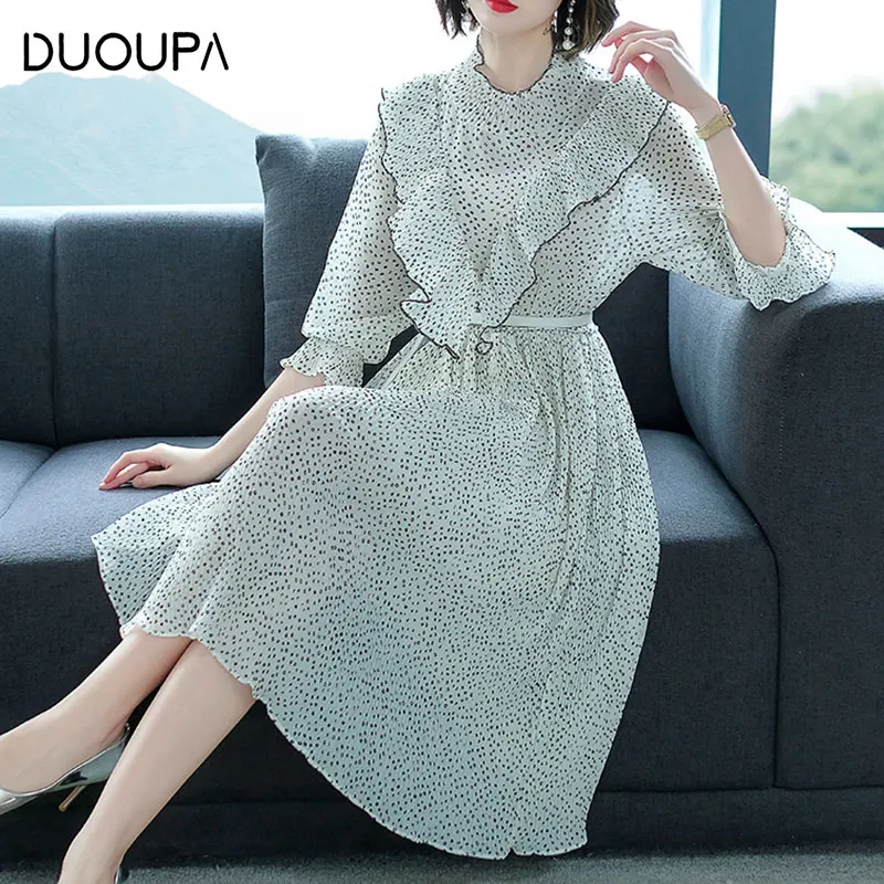 

DUOUPA Ruffled 7-Sleeve Printed Polka Dot Chiffon Pleated Dress Tropical Beach Retro Dress Bohemian Casual Mid-rise Dress