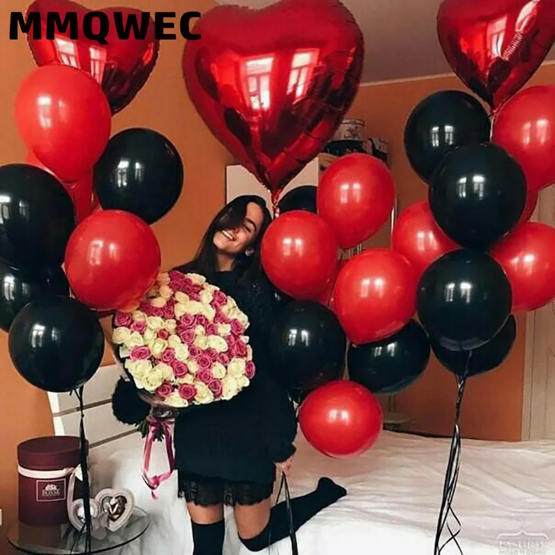 MMQWEC 20 шт., 10 дюймов, красные, черные латексные шары, 18 дюймов, красное сердце, фольгированный шар для свадьбы, Святого Валентина, Декор, день рождения, вечеринка, воздушные шары