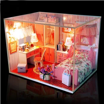

Diy dollhouse kit 3D Casa De Boneca Miniature Doll House Model Building Kits Wooden Furniture Toys Birthday Gifts--pink dream