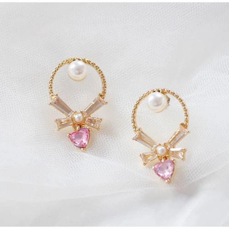 

Pink Heart Pearl Stud Earring Bow-knot 2019 New Fashion Style Jewelry Friend Gifts for Girls Students Wholesale Accessory