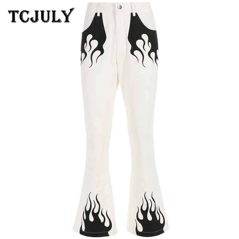 TCJULY/Новый дизайн 100% хлопок расклешенные брюки с принтом пламени для женщин