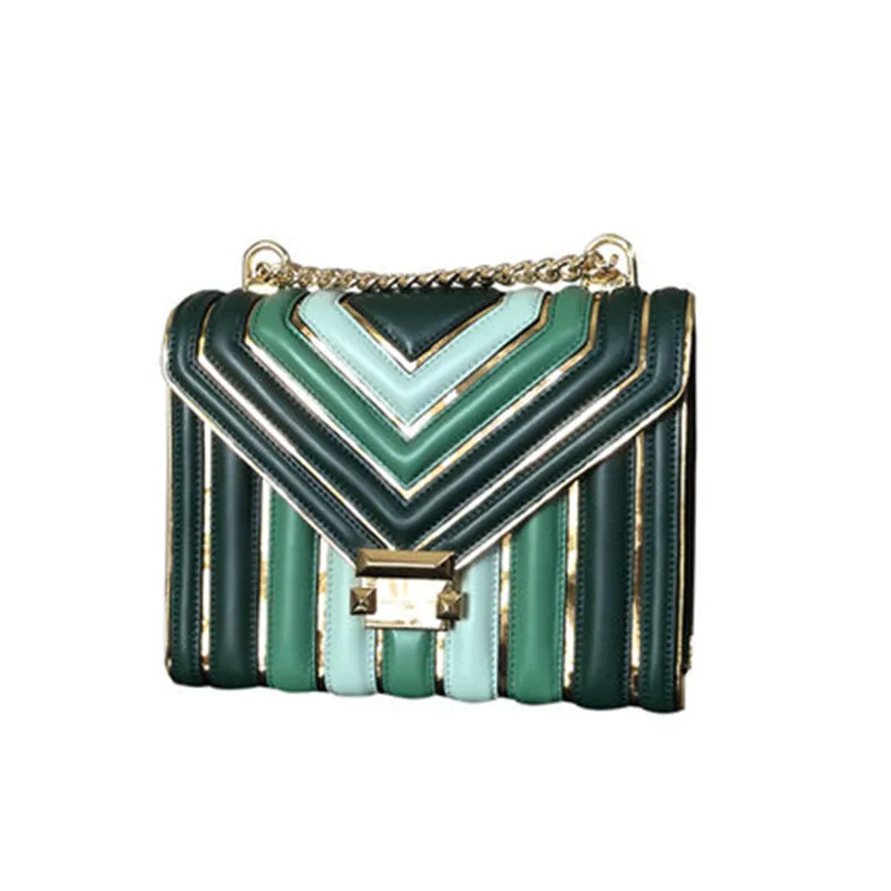 

Customized High Quality Luxury Brand Designer Shoulder Bags Women Genuine Leather Stripe Design Metal Texture Contrast Handbags