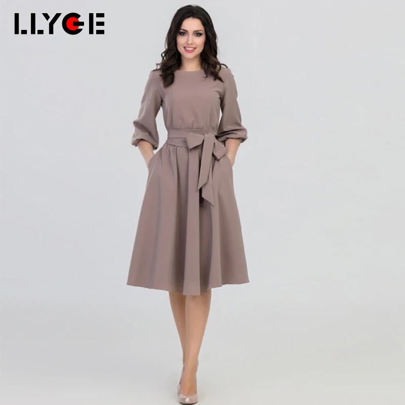 

LLYGE Women's Winter Vintage Sashes Dress 2018 Autumn Female Fashion Clothes Ladies Casual Lantern Sleeve Pocket Bow Tie Vestido