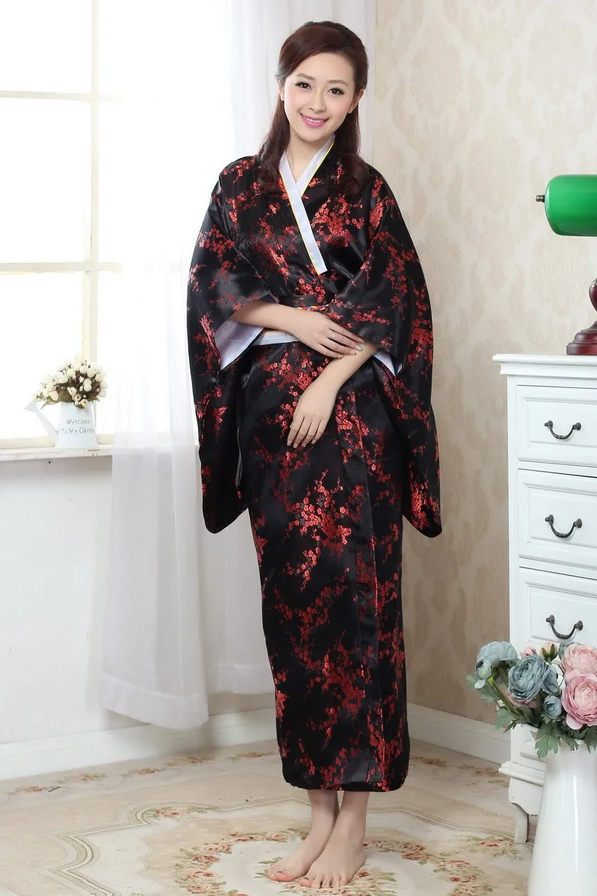 Новое поступление Черное Красное традиционное японское женское шелковое кимоно юката с Obi винтажное платье для танцев для выступлений один размер WK009