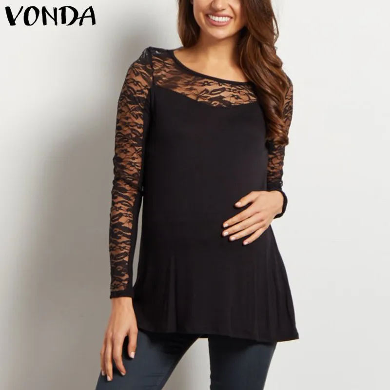 VONDA Одежда для беременных летние женские рубашки с длинным рукавом кружевная Лоскутная Блузка для беременных черного и белого цвета размера плюс Топы 5XL