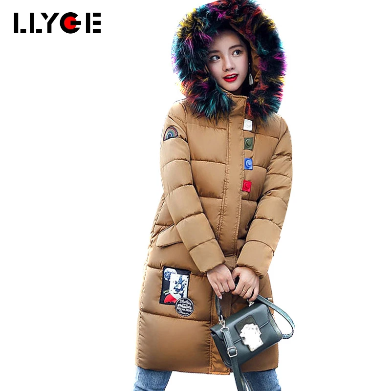 

LLYGE Winter Jacket Women Thick Hooded Parka With Colorful Big Fur Collar Back Pockets Mid-long Coat Inverno Chaquetas Mujer