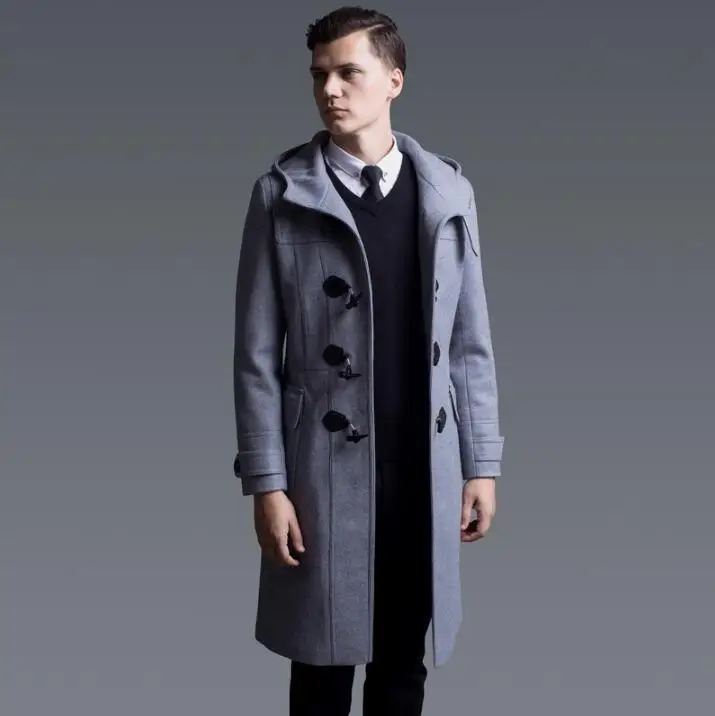 Black grey casual long wool coat men with a hood coats mens england horn button overcoats