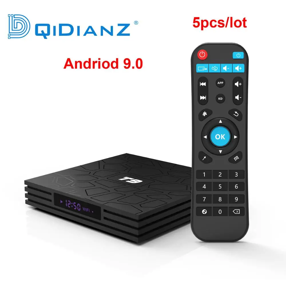 

5pcs/lot Andriod 9.0 Smart TV BOX T9 4GB RAM 32GB/64GB ROM Rockchip RK3328 H.265 4K Optional 2.4G/5Ghz Dual WIFI Set top box