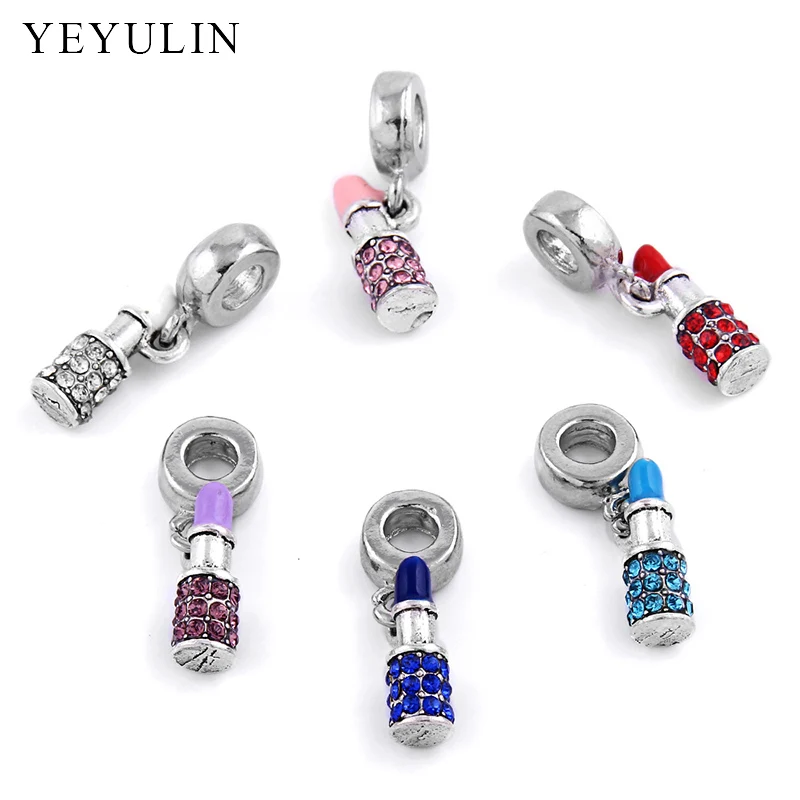 

New Design Silver Color Alloy Rhinestone 3D Lipstick Charms Pendant For Making Jewelry DIY 10pcs