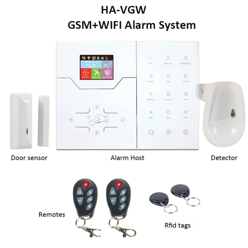 

Focus GSM WiFi Smart Home Alarm System Color LCD APP Remote Control RFID Arm Disarm Intruder Alarm Pet Immune HA-VGW French