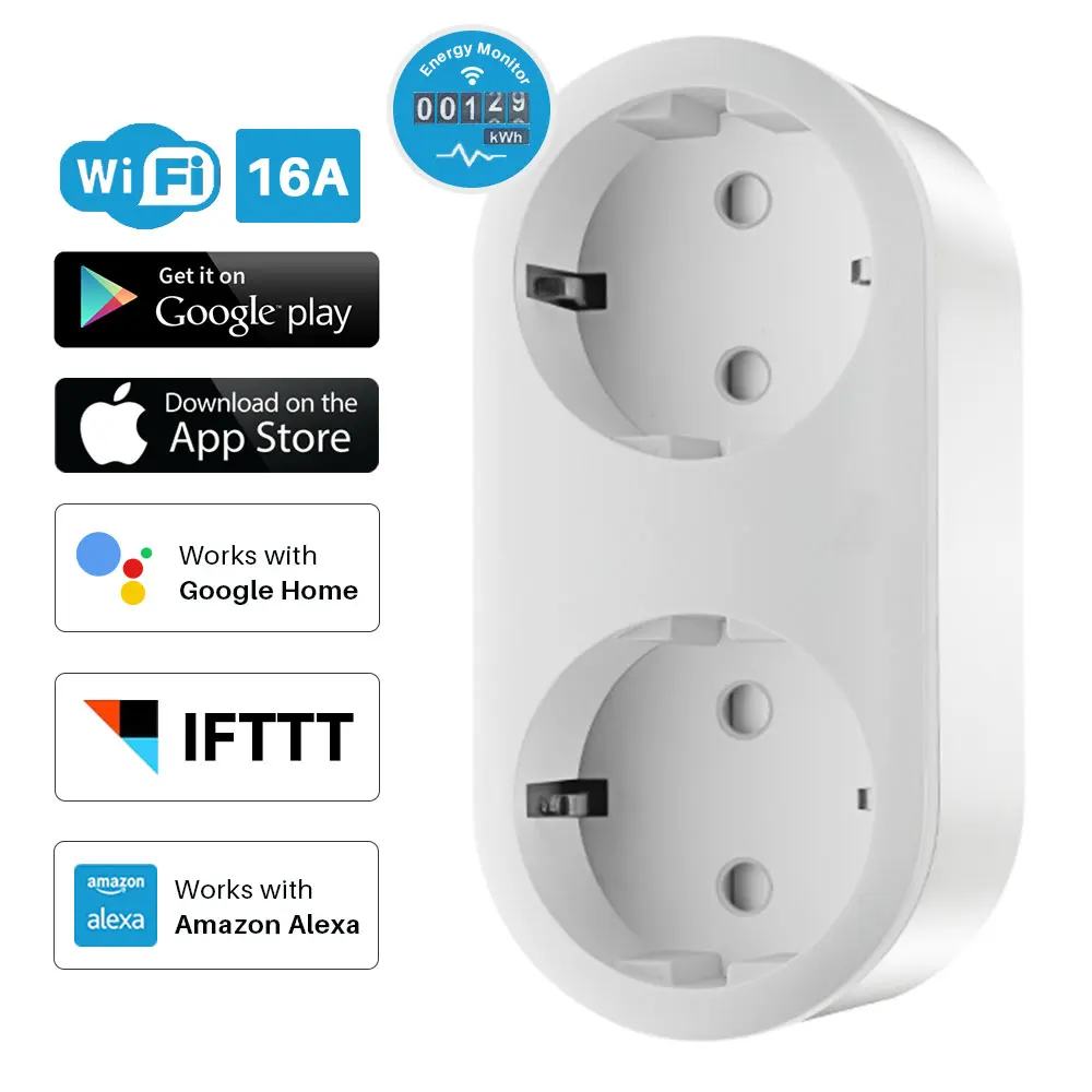 

2 In 1 WiFi Smart Plug EU 16A Plug Outlet Power Socket With Energy Monitor APP Control Works With Google Home Mini Alexa IFTTT