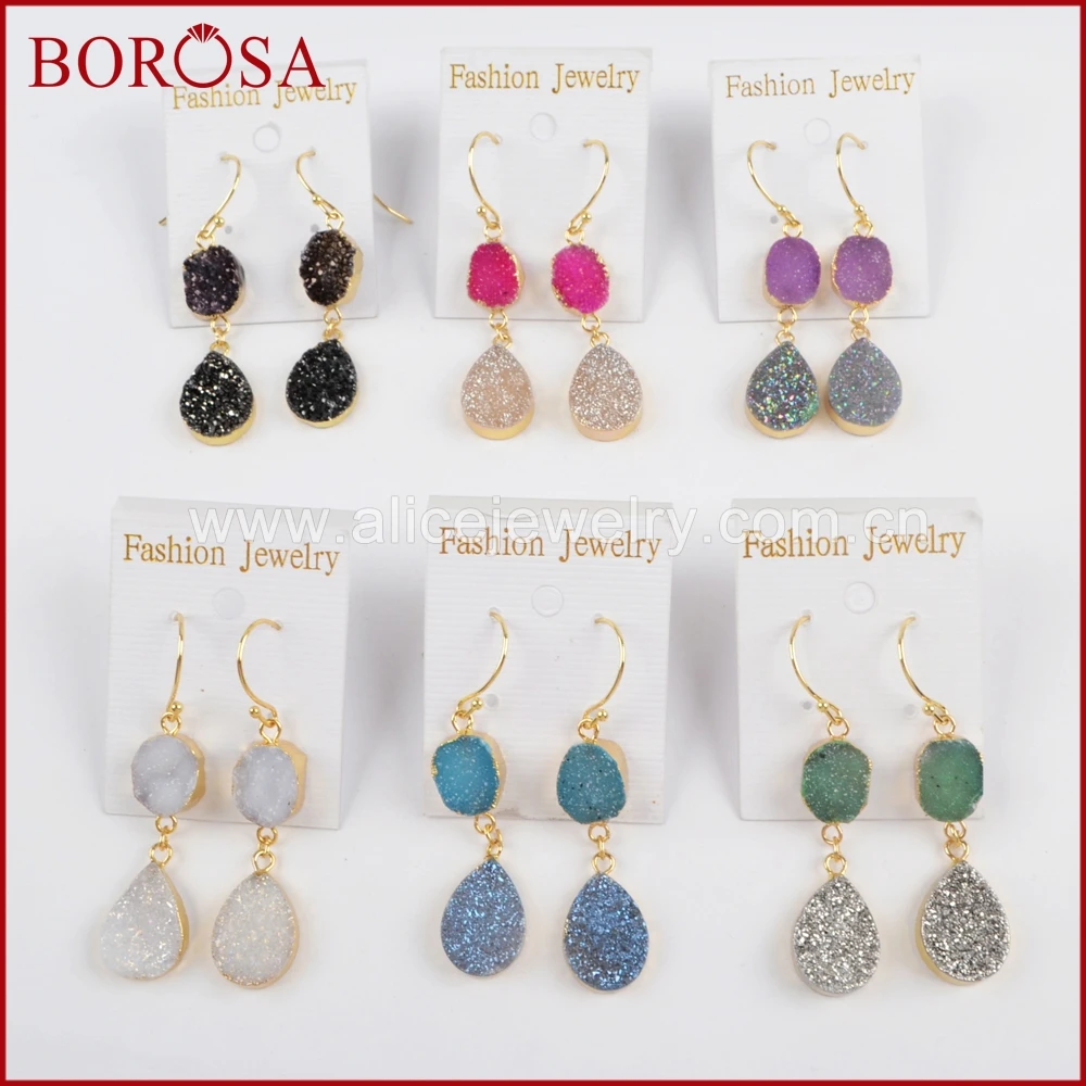 

BOROSA 5Pairs Gold Color Rainbow Teardrop Titanium Druzy Dangle Earrings Fashion Jewelry Drusy Drop Earrings for Women G1473