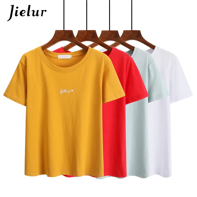 

Jielur Female Tshirt Letters Embroidery Cotton 5 Colors Short Sleeve Summer T-shirt Women O-neck Brief Vintage Tee Shirts Mujer