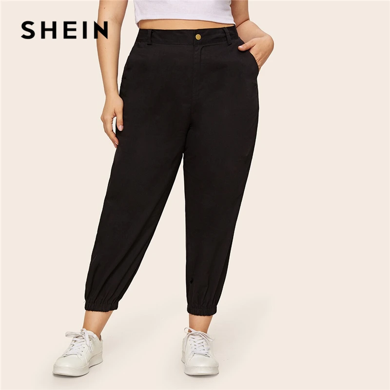 SHEIN Plus Size Black Pocket Side Solid Cropped Pants 2019 Women Casual Spring Autumn Ladies Basics Plus Harem Pants SHEIN Plus Size Black Pocket Side Solid Cropped Pants 2019 Women Casual Spring Autumn Ladies Basics Plus Harem Pants