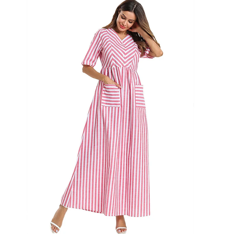 

Plus Size Robe Femme Vestido Longo 2019 Summer Long Abaya Dubai Striped Women Maxi Muslim Hijab Dress Ropa Mujer Elbise Clothes