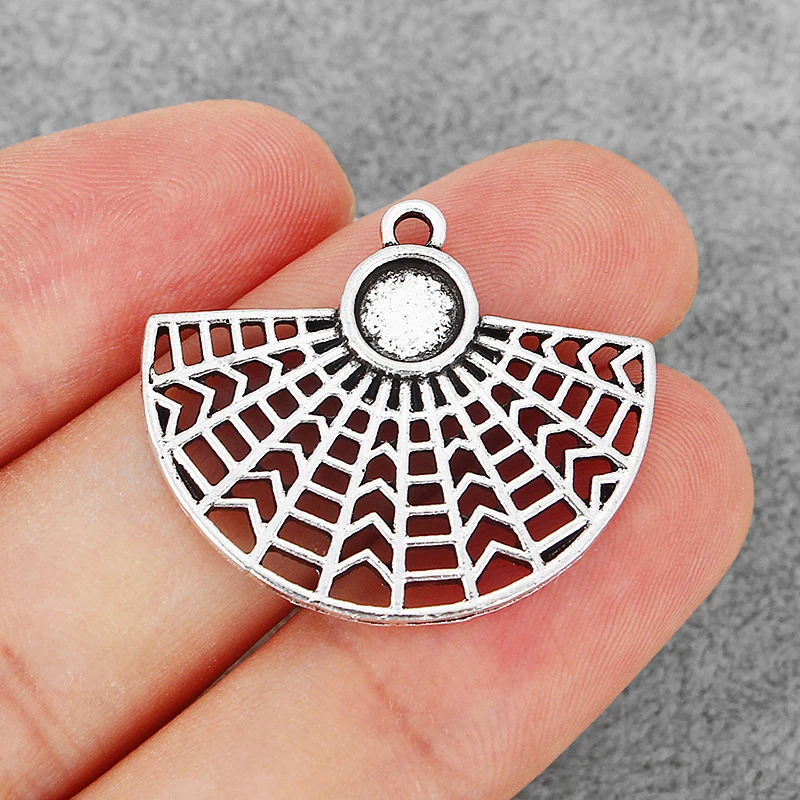 

10PCS Antique Silver Hollow Fan-Shaped/Semicircle Net Charms Pendants Connectors Blank 6.3mm Cabochon Base Setting for Necklace