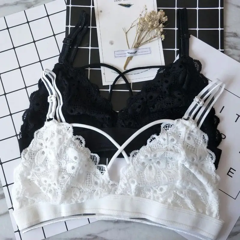 

Sexy Lace Deep V-Neck Backless Bra Unlined Floral Lace Up Wire Free Bra Seamless Bralette Women Triangle Cup Solid Lingerie