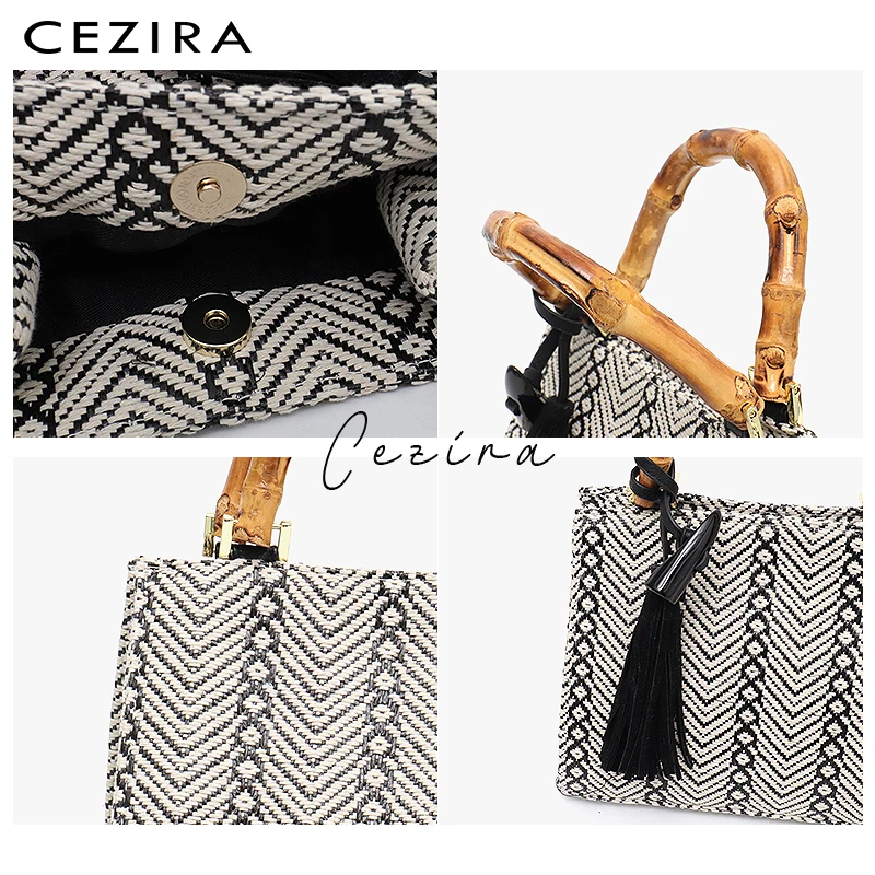 CEZIRA صغيرة أزياء السيدات حمل أكياس نسيج القطن الخيزران حقائب بيد للنساء شرابة أعلى-حقائب بيد البوهيمي الفتيات حقائب