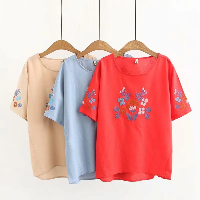

Plus Size T-shirts Summer Cotton Solid Cotton Floral Embriodery Tops Short Sleeve Tees Causal Fashion Lady Oversized T-shirts