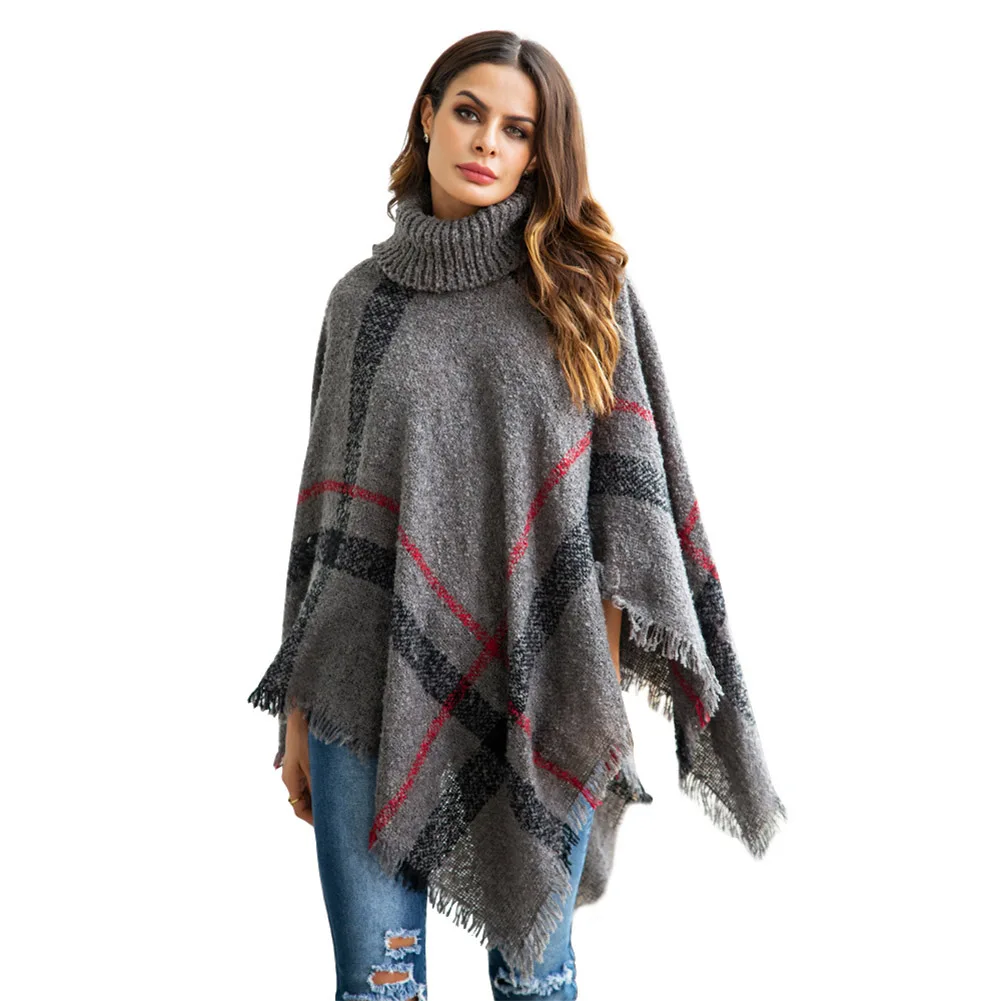 2018 Fashion Sweater Women Batwing Cape Shawl Wool Plaid Turtleneck ...