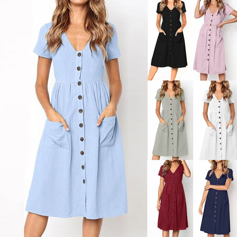 Women's Sexy Summer Dresses 2019 Boho Short Sleeve Button Solid Midi Dress Sundress With Pockets Lady Beach Party Dress Vestidos