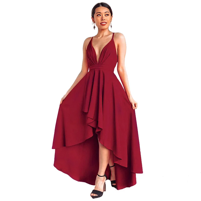 

Plus Size Womens Temperament Elegant Spaghetti Strap Irregular Long Dress Deep V Exposed Back Party Dress Fashion Summer Clothes