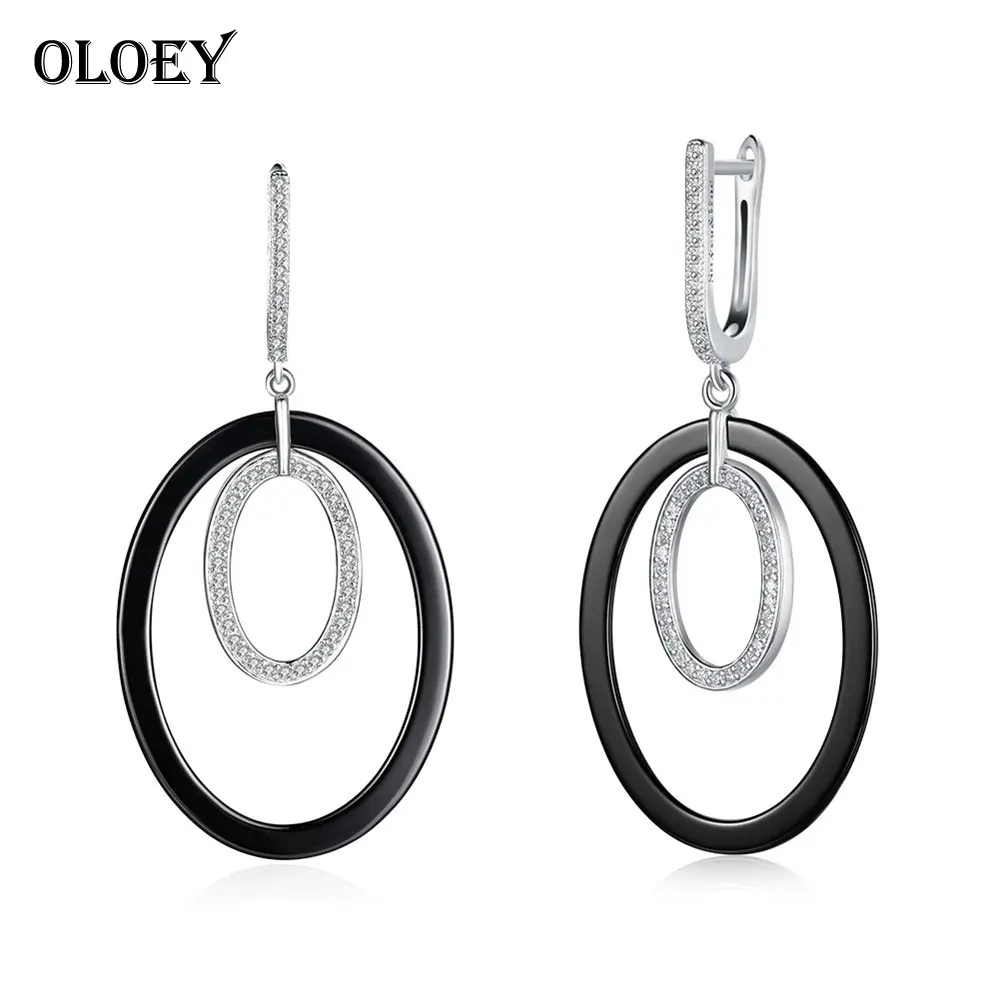 

OLOEY Genuine 925 Sterling Silver Drop Earrings Women Black Ceramics Double Oval Long Earring For Ladies CZ Fine Jewelry YME076
