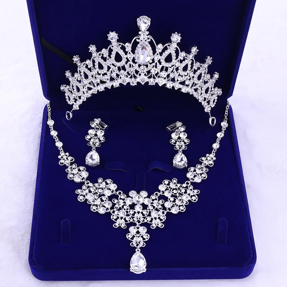 Crystal Bridal Jewelry Set Silver Tiara Crown Necklace Earrings for Bride Girl Hair Accessories Waterdrop Crowns | Украшения и