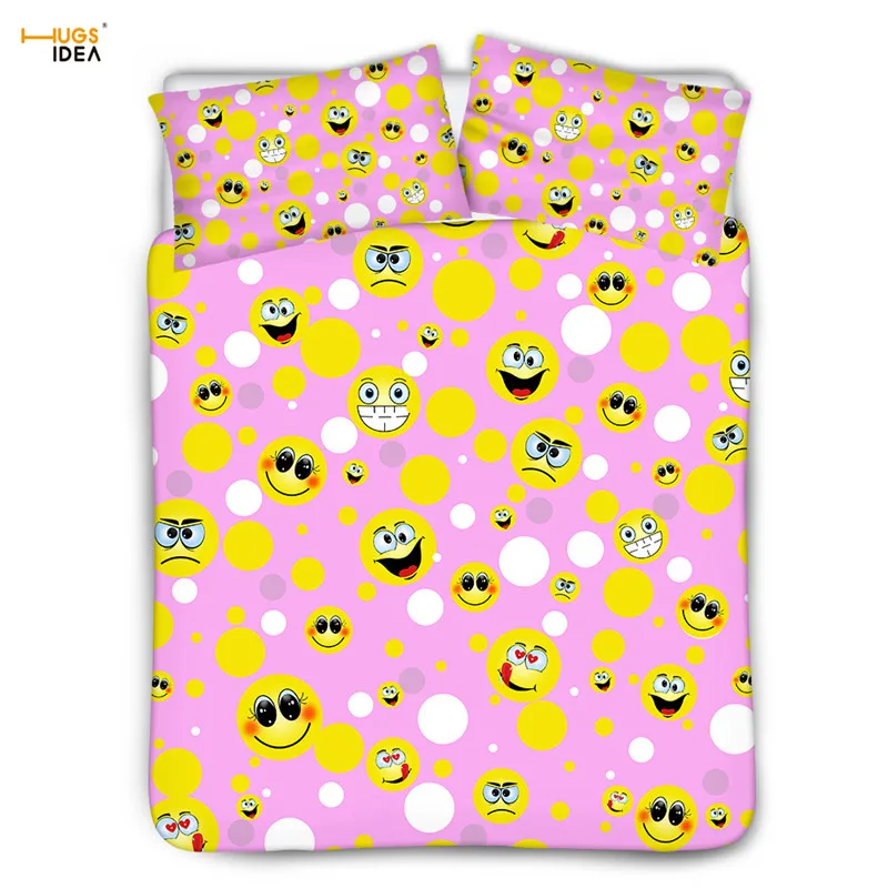 

HUGSIDEA Pink Bedding Set Cartoon Emoji Face Printed Cute Duvet Cover&Pillowcases for Kids Bedroom Decor Warmer Home Bedclothes