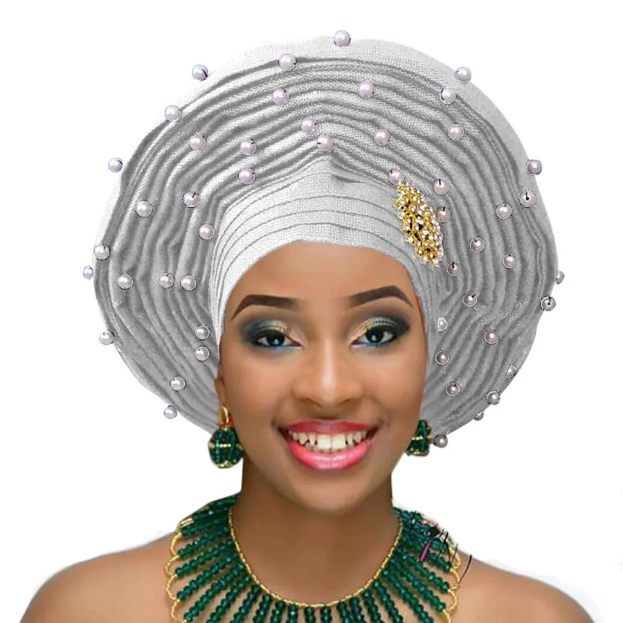 Aso oke головной убор с бисером aso oke нигерийский головной убор aso ebi африканский геле Авто геле Африканский головной убор - Цвет: white