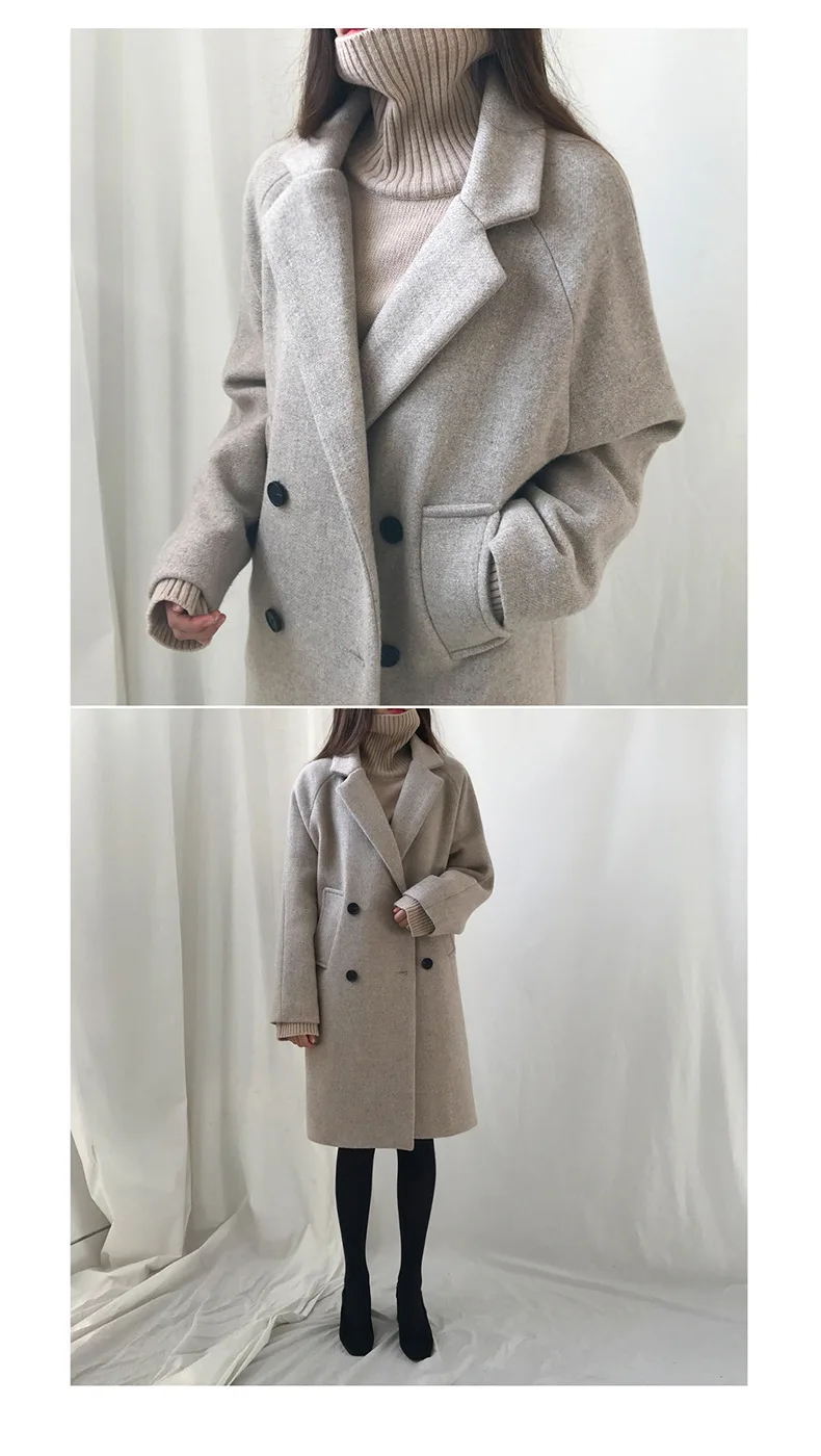 Hodisytian Winter Fashion Women Wool Blends Loose Double Breasted Coat Casual Elegant Cotton Solid Thick Femme Cashmere Overcoat