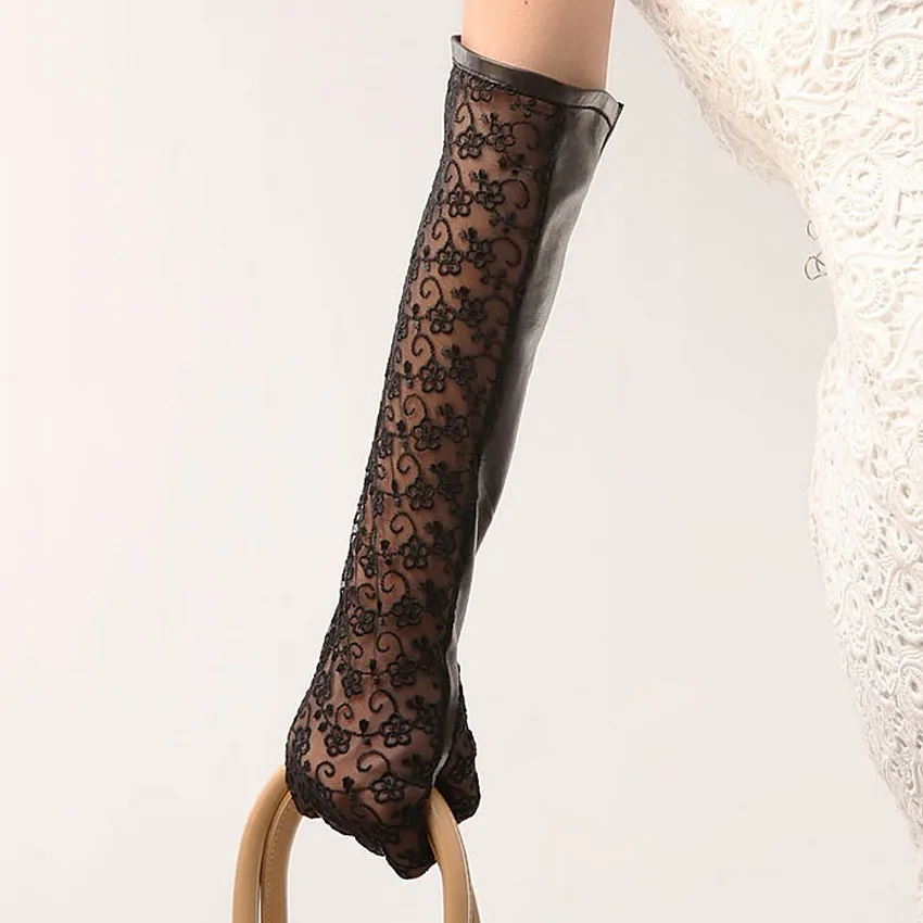 L112N long style lace sheepskin gloves women opera black Genuine leather gloves fashion wedding dress gloves