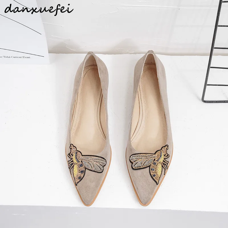 

Women's genuine suede leather slip-on flats embroidery bee pointed toe leisure espadrilles soft high quality female shoes sale