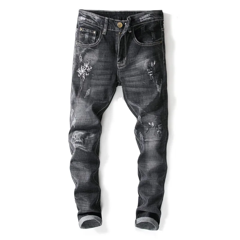 Большие размеры черные рваные джинсы для мужчин Модные Цветочные Вышивка бренд дизайнер огорчен джинсовые повседневные штаны
