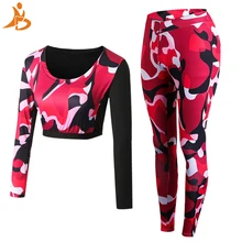 Комплект из двух предметов, спортивный костюм, камуфляжный сексуальный спортивный костюм с длинным рукавом для женщин, комплекты, быстросохнущая футболка и штаны, костюм для спорта йоги