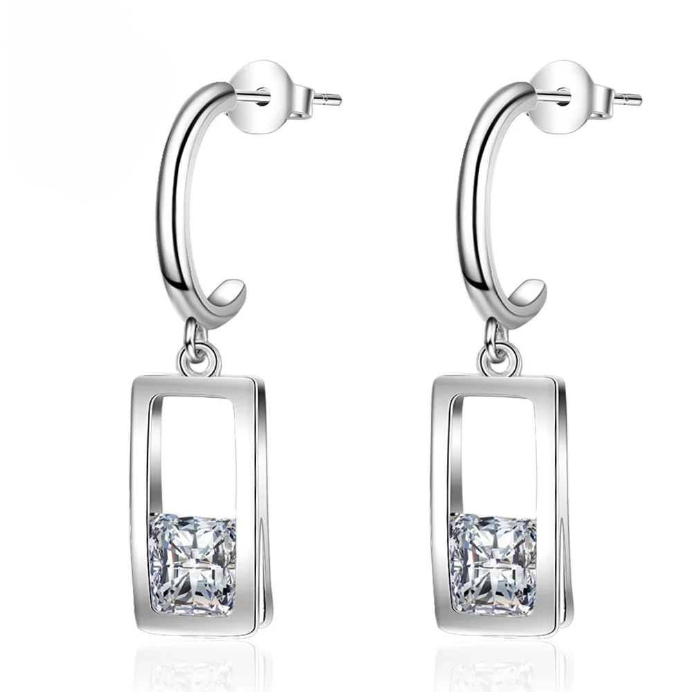 

New Rectangular Zircon 925 Sterling Silver Drop Earrings for Women Girl Party Jewelry Geometric Statement Earring Girl