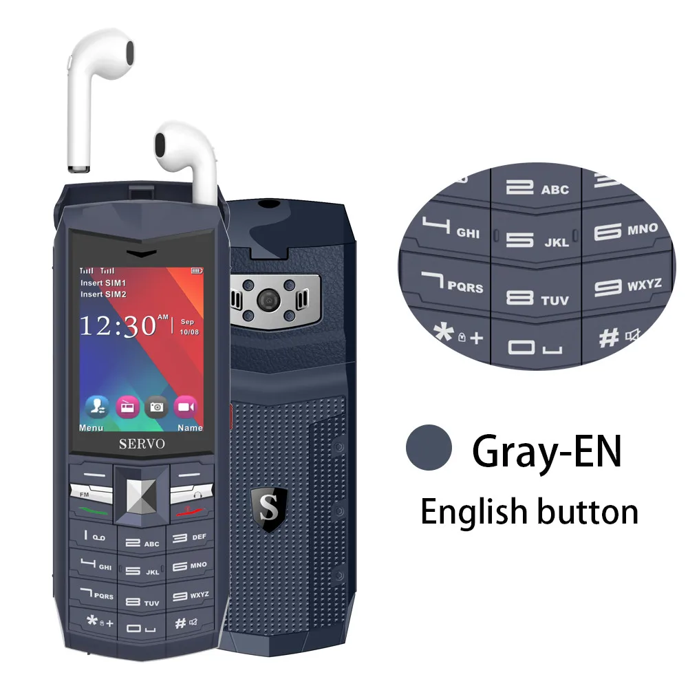 Gray English button SERVO R26, 2,4 дюймов, две sim-карты, 3000 мА/ч, Дополнительный внешний аккумулятор, мобильный телефон с Bluetooth 5,0 TWS, беспроводные наушники, GSM мобильный телефон - Цвет: Gray English button