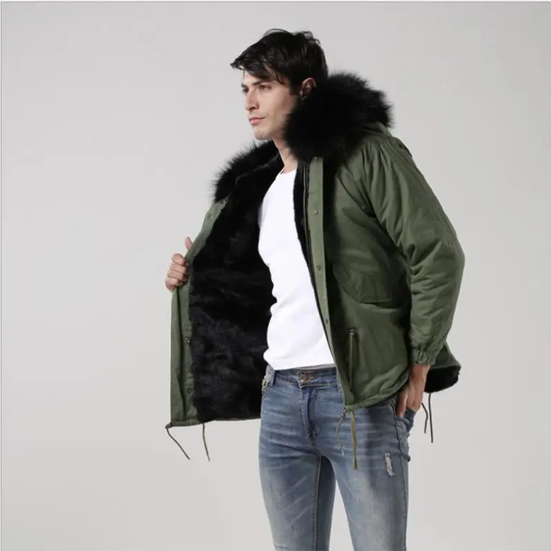 Сделано в Италии мужская куртка с воротником из натурального меха енота MrMrs Длинная парка с искусственным мехом кролика мужские зимние куртки пальто - Цвет: shortgreen black fur