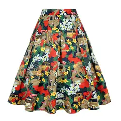 Винтаж кактус печати черный плиссированная летняя юбка с эластичным поясом и карманом Повседневное юбки с цветочным рисунком 50 s Для