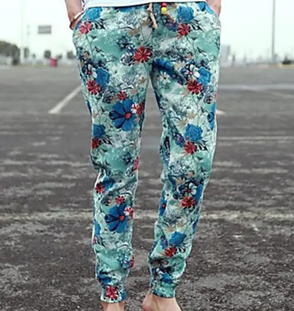 2015 new stylish men's drawstring cotton Pants Men's print full length pants beach style plus size 28-36 | Мужская одежда