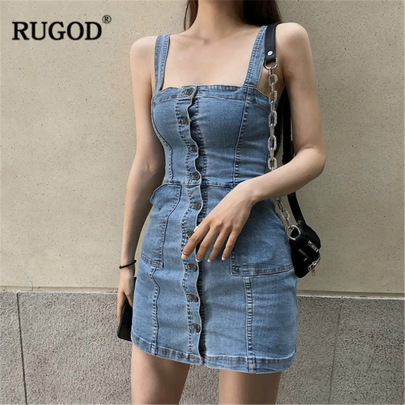 RUGOD 2019 Новое Женское джинсовое платье Slash шеи Спагетти ремень оболочка