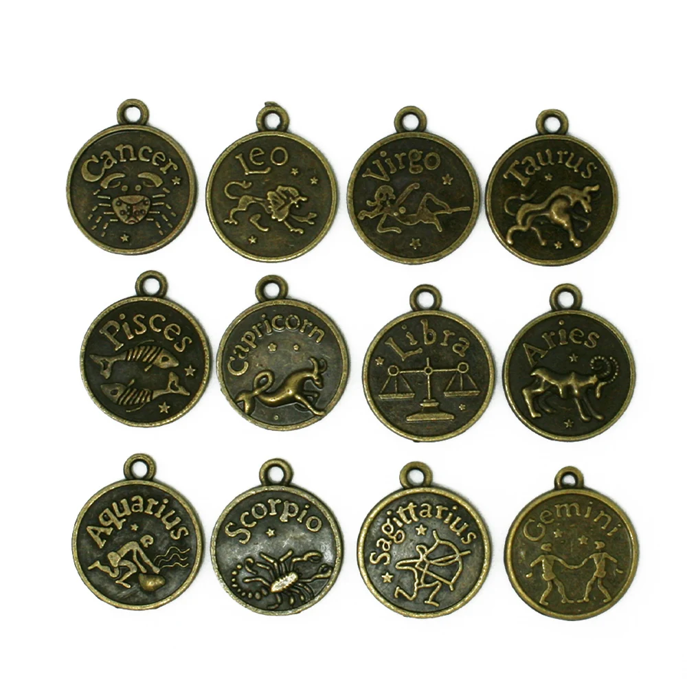 

36pcs/lot 18*20mm Round New Assorted Constellation Signs of Zodiac Vintage Bronze Alloy Charms Pendant Fit Jewelery,YiWu