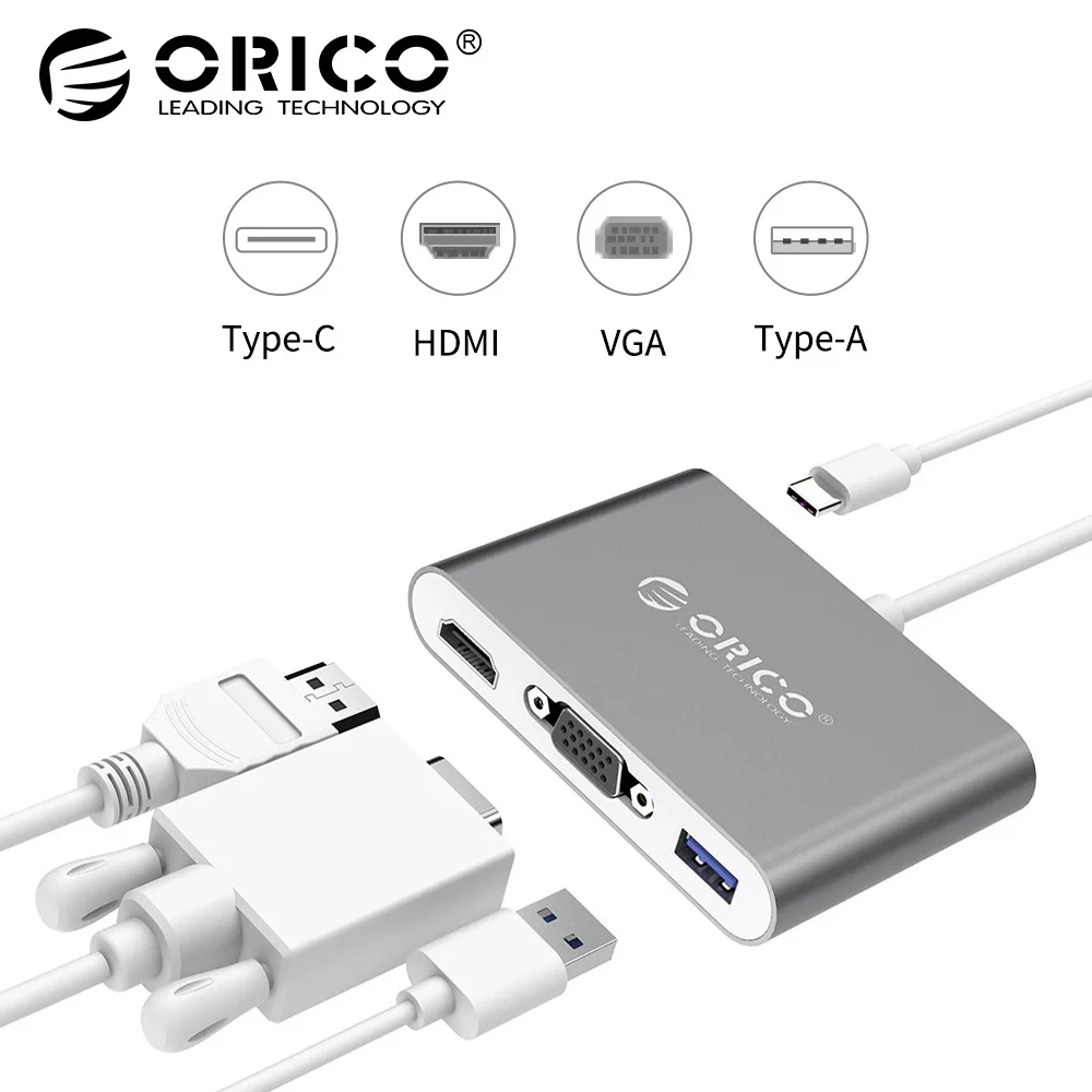 

ORICO Aluminum Type-C to VGA/HDMI Converter USB3.1 Gen1, 5Gbps with 1 USB 3.0 Port for Mac Laptop PC