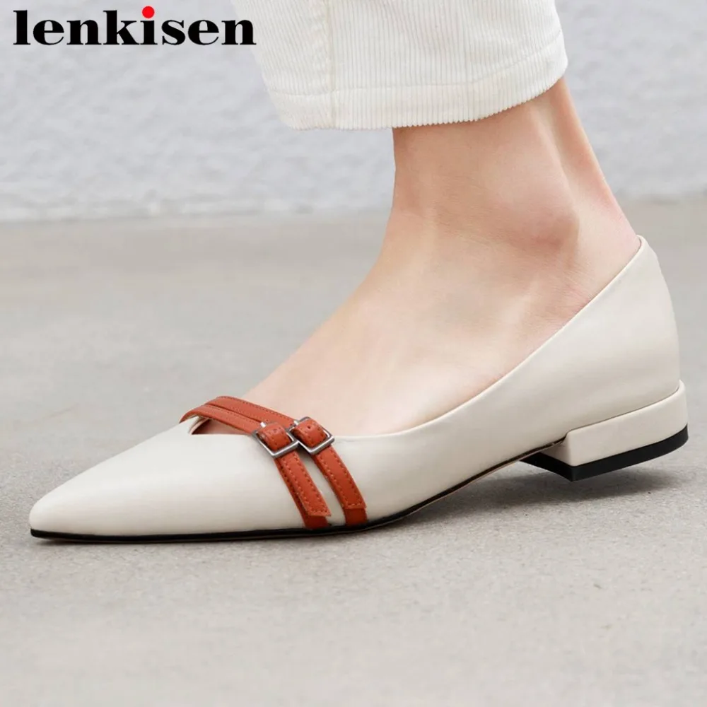 

Lenkisen 2019 British style natural leather low heels mixed colors comfortable loafers pointed toe dress wedding women pumps L26